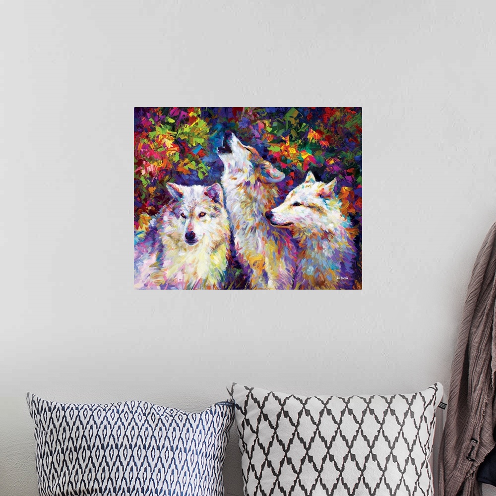 A bohemian room featuring Vibrant contemporary painting of three colorful wolves in the forest in the style of impressionism.