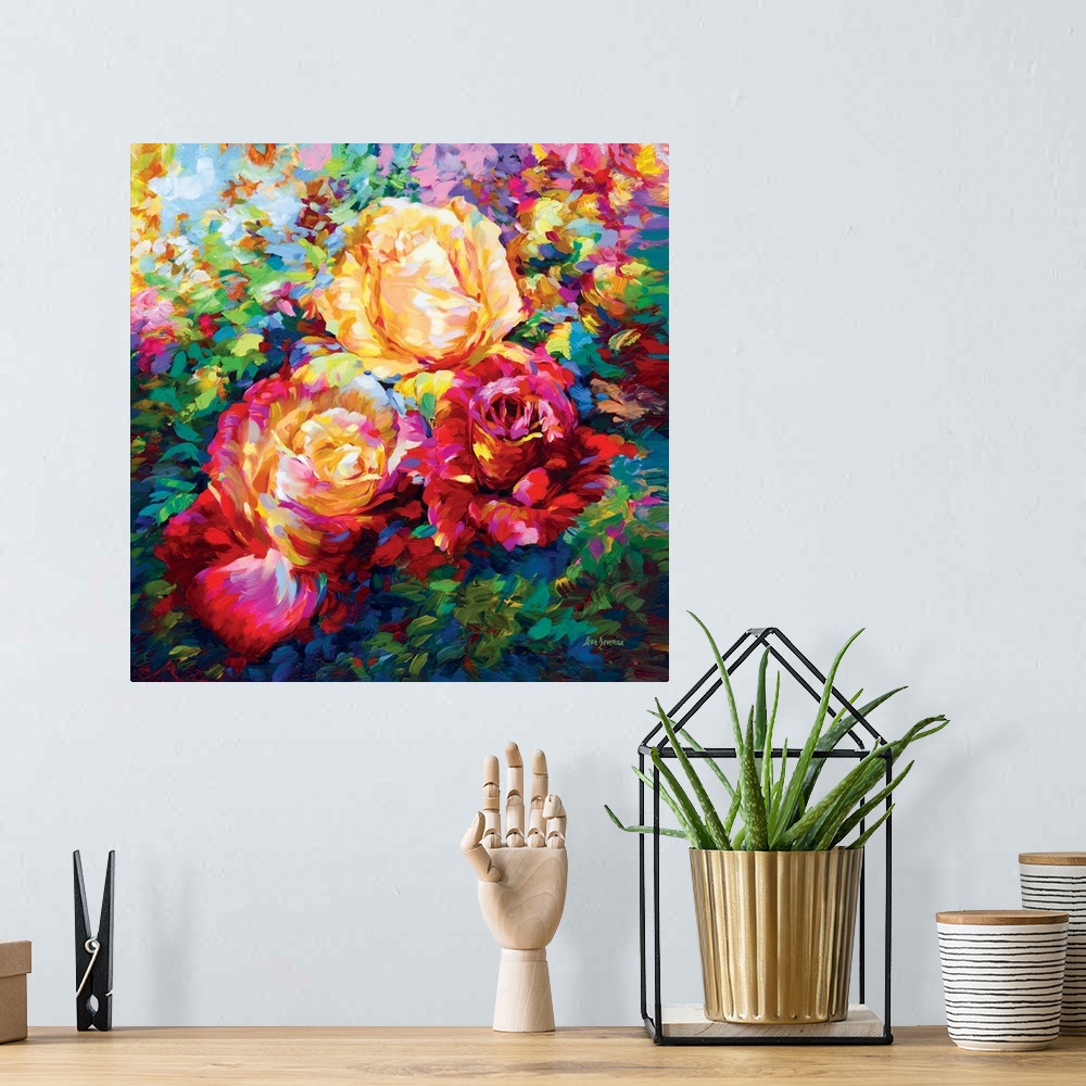 A bohemian room featuring A vibrant and colorful contemporary painting of roses.