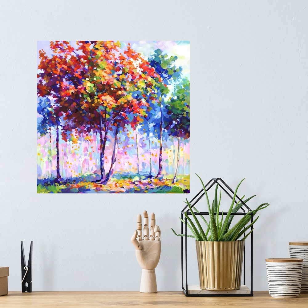 A bohemian room featuring This contemporary landscape portrays a colorful array of trees, each one a harmony of colors, com...