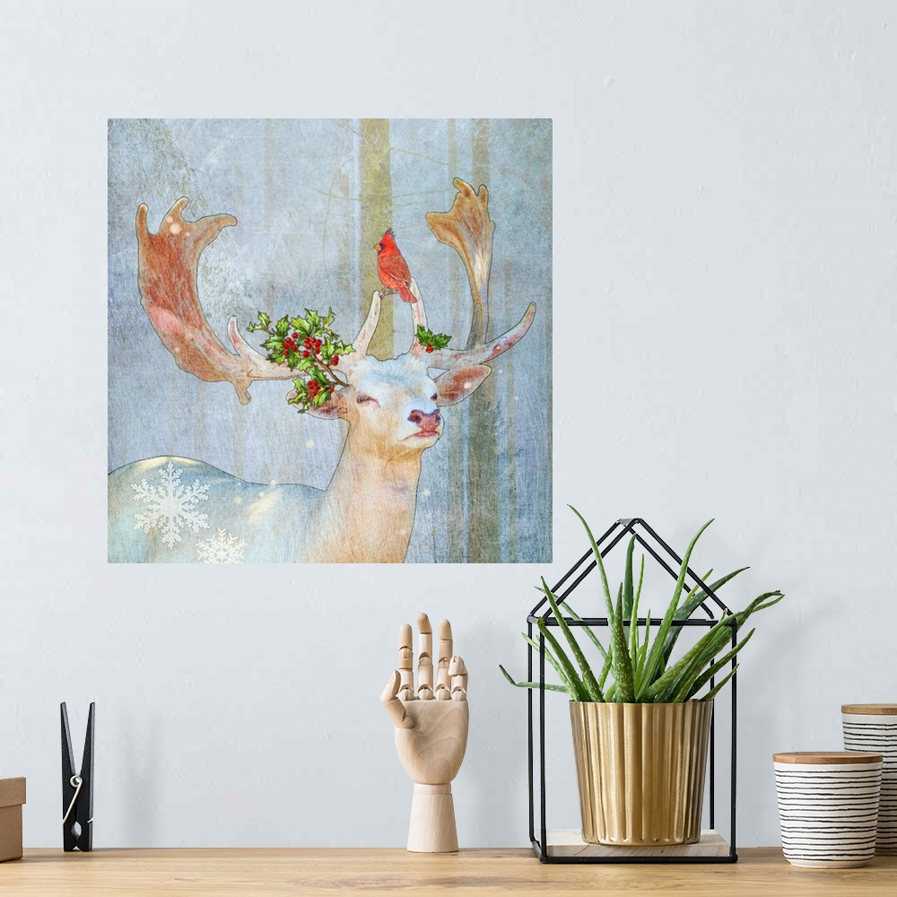 A bohemian room featuring Stag deer with holly and cardinal in snow with snowflakes