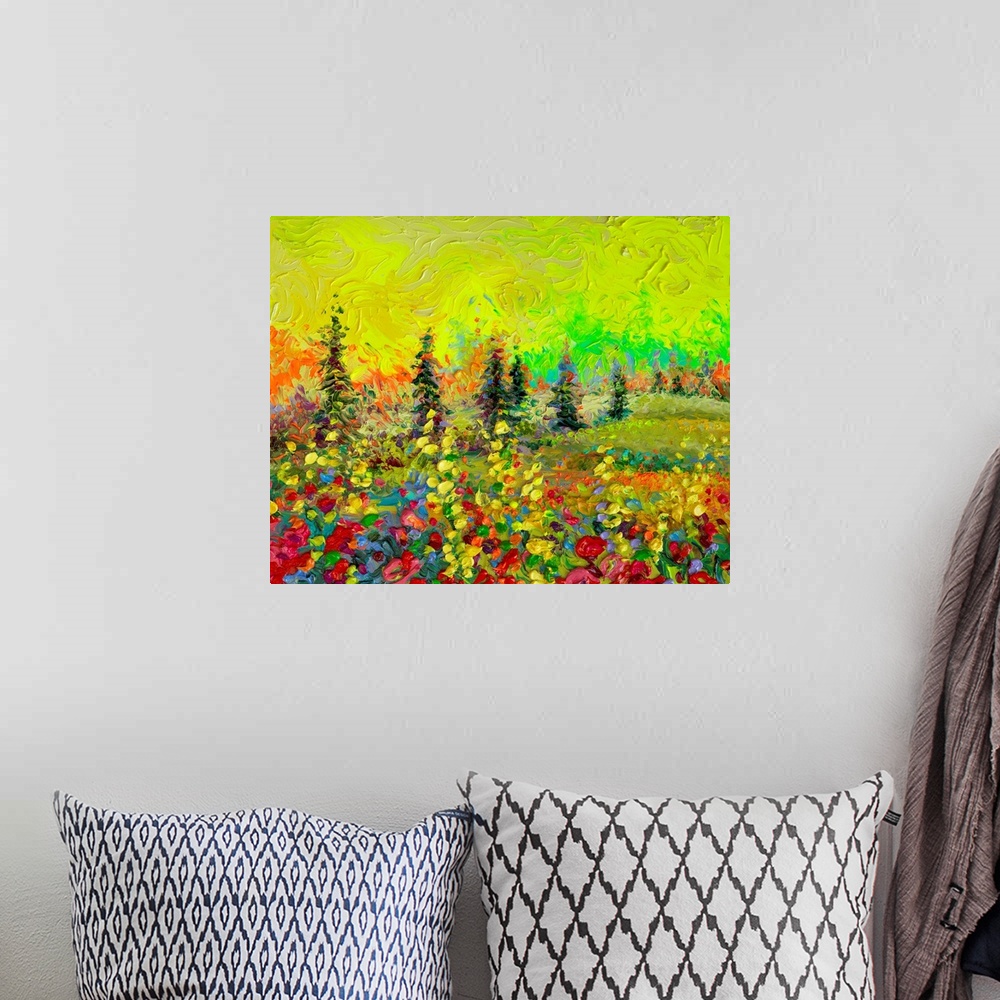 A bohemian room featuring Brightly colored contemporary artwork of a landscape painting with trees.
