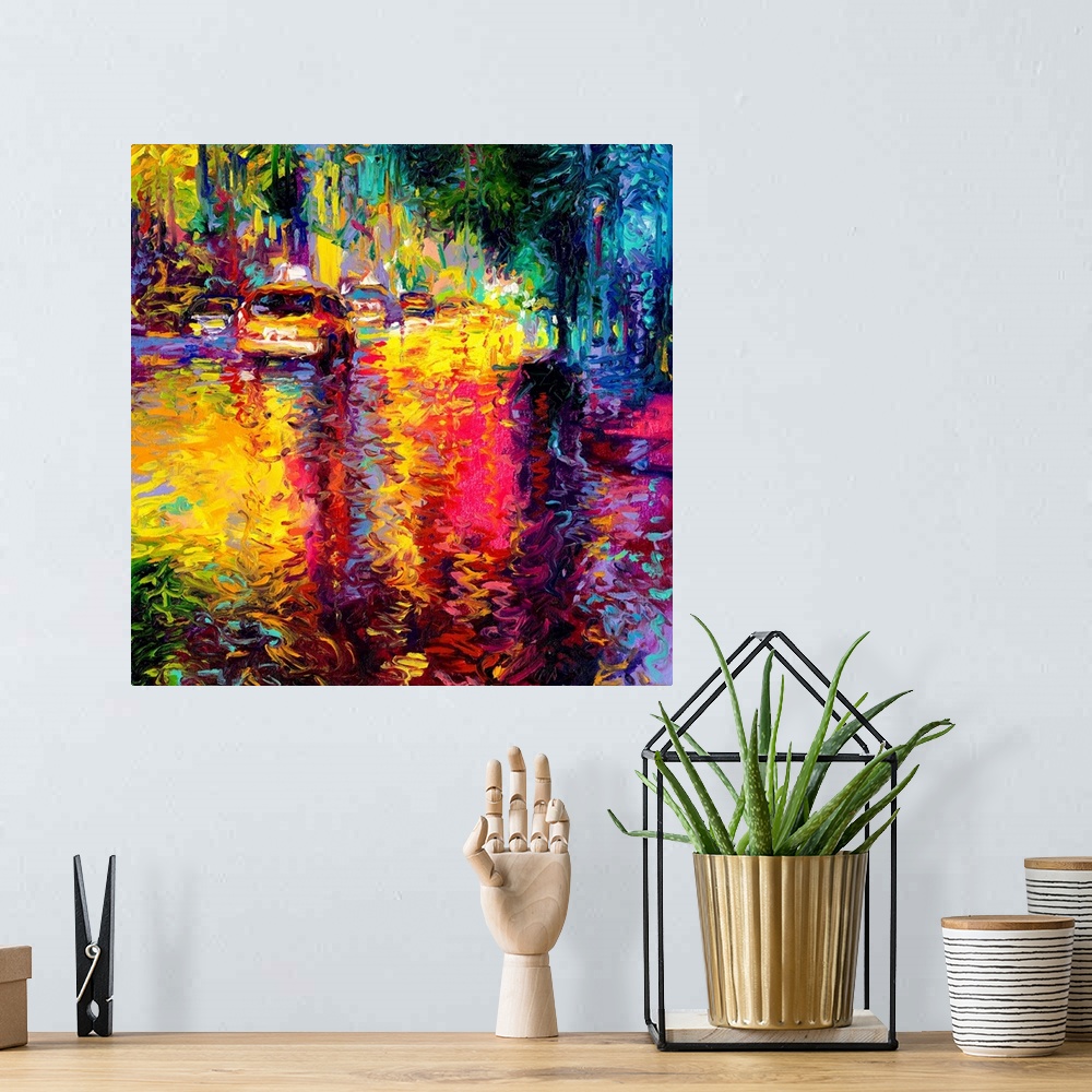 A bohemian room featuring Brightly colored contemporary artwork of a colorful abstract of a taxi on a city street.