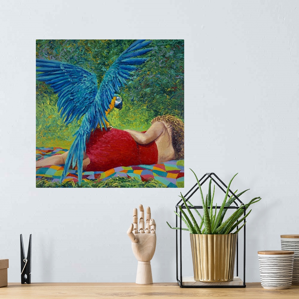 A bohemian room featuring Brightly colored contemporary artwork of a parrot resting on woman.