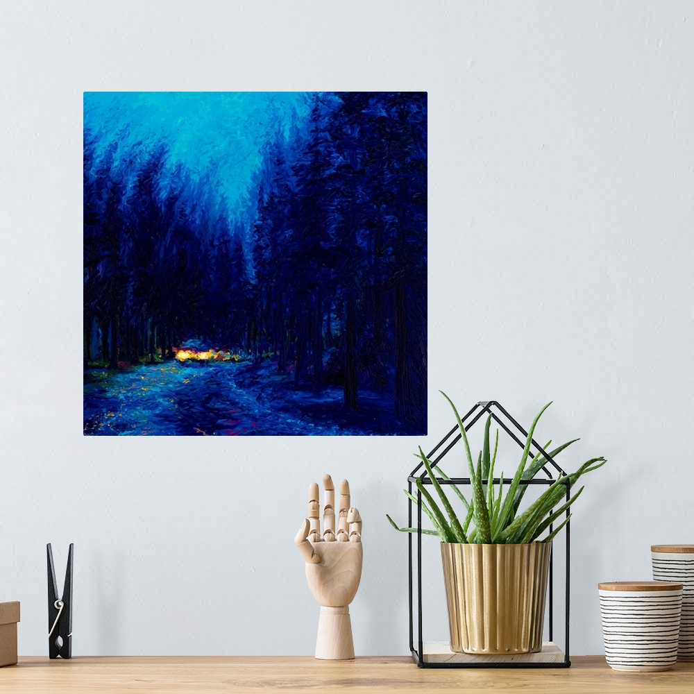 A bohemian room featuring Brightly colored contemporary artwork of a road in redwoods at night.