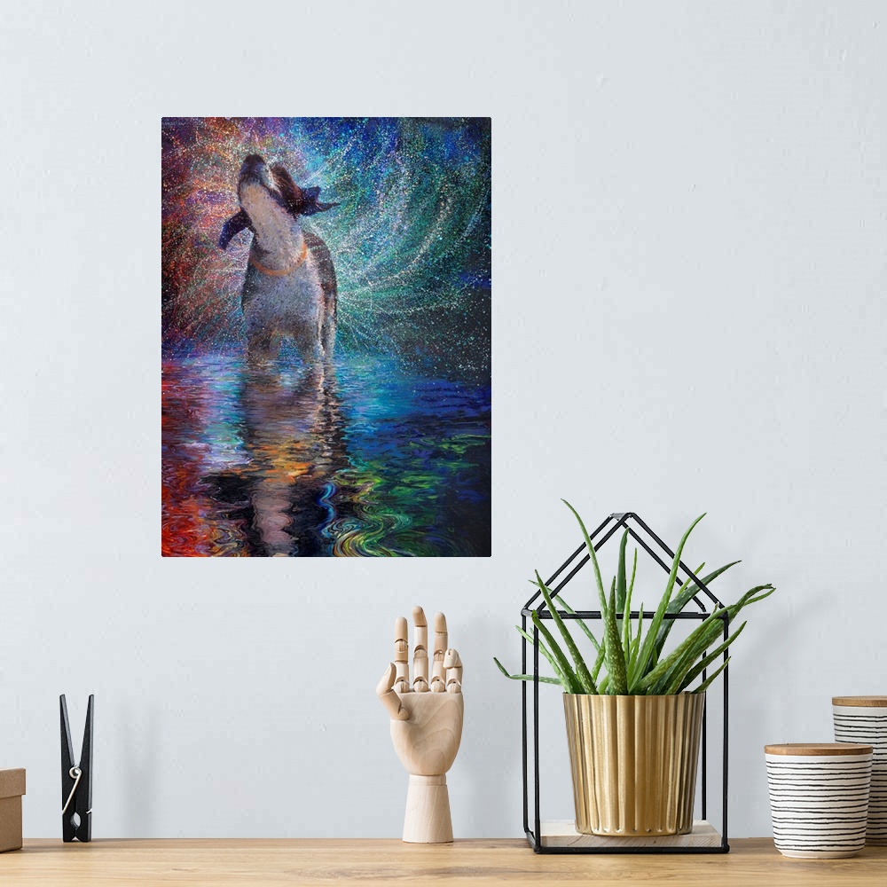 A bohemian room featuring Brightly colored contemporary artwork of a dog shaking off water with reflection.