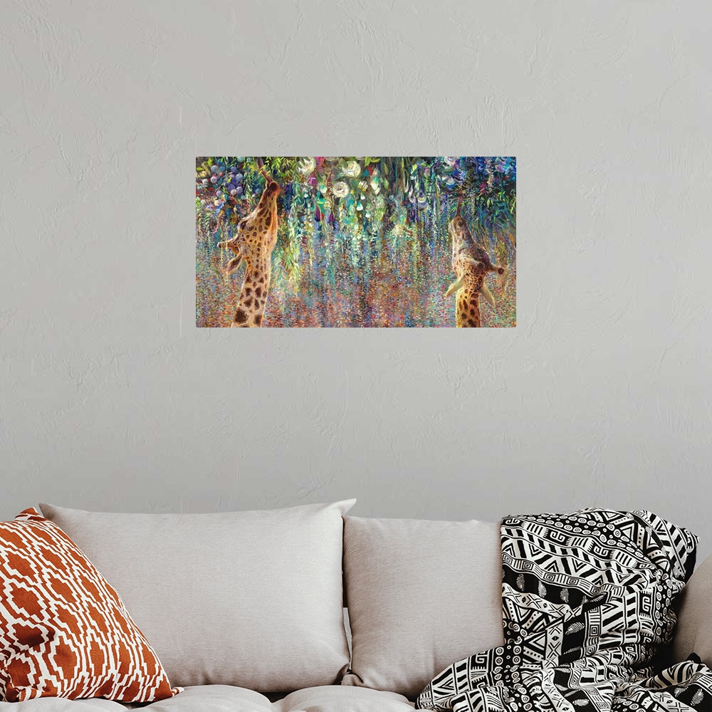 A bohemian room featuring Brightly colored contemporary artwork of two giraffes eating from hanging flowers.