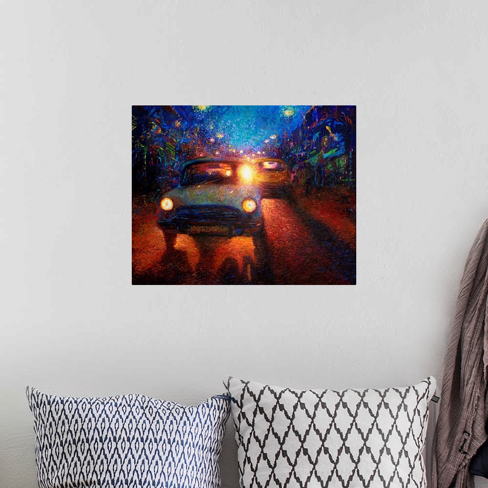 A bohemian room featuring Brightly colored contemporary artwork of cars on a city street at night.