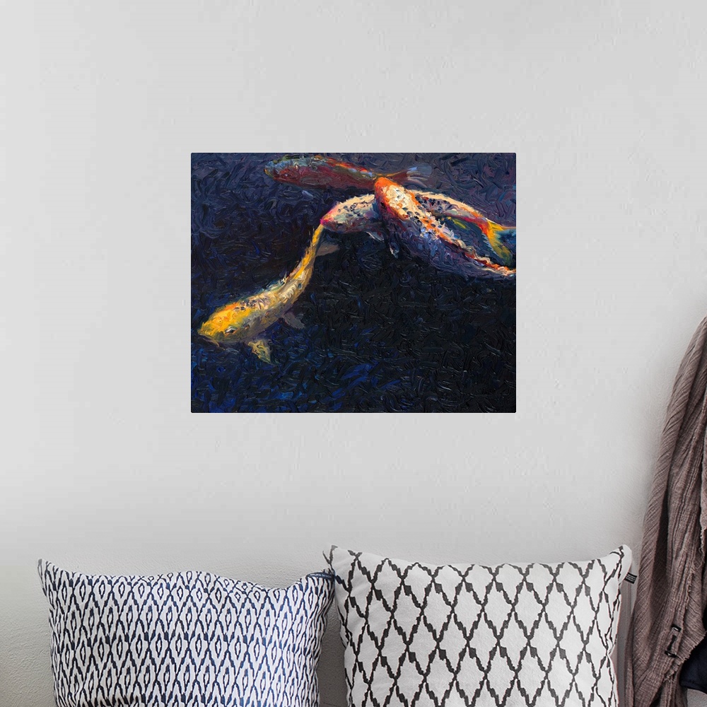 A bohemian room featuring Brightly colored contemporary artwork of fish swimming in dark water.
