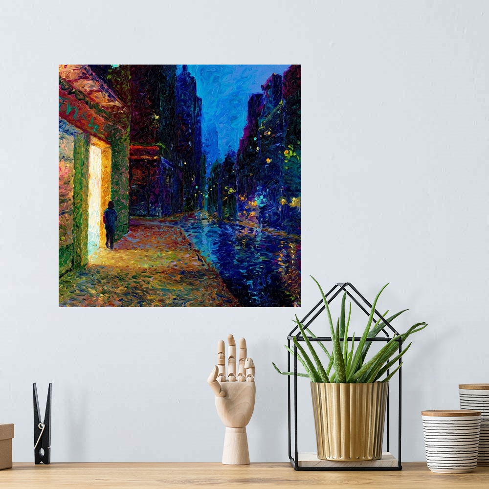 A bohemian room featuring Brightly colored contemporary artwork of a man walking along a city street.
