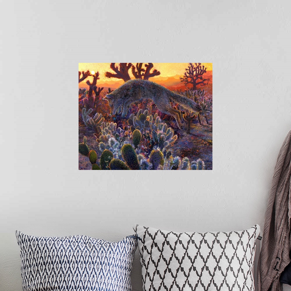 A bohemian room featuring Brightly colored contemporary artwork of a fox pouncing in the desert.
