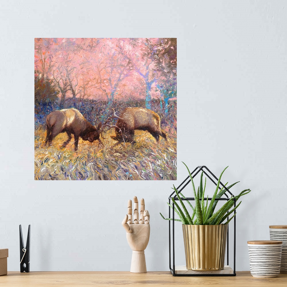 A bohemian room featuring Brightly colored contemporary artwork of two elk bulls fighting.