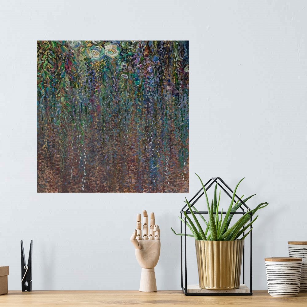 A bohemian room featuring Brightly colored contemporary artwork of foliage with flowers.