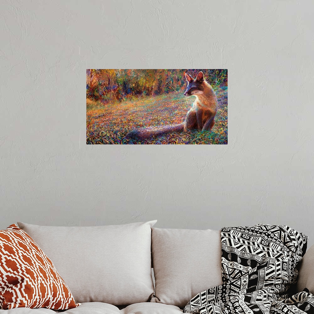 A bohemian room featuring Brightly colored contemporary artwork of a fox in a field.