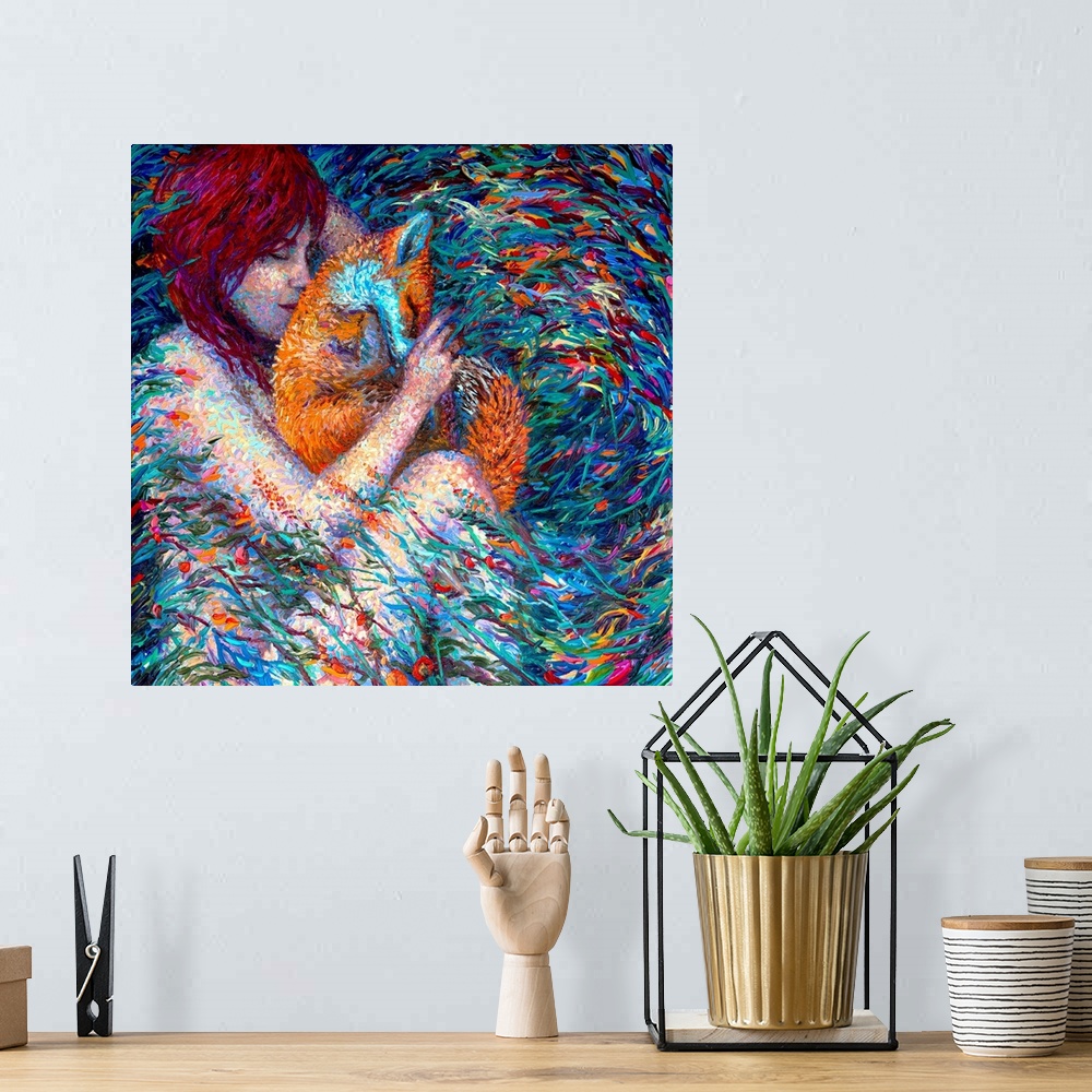 A bohemian room featuring Brightly colored contemporary artwork of a woman holding a fox.