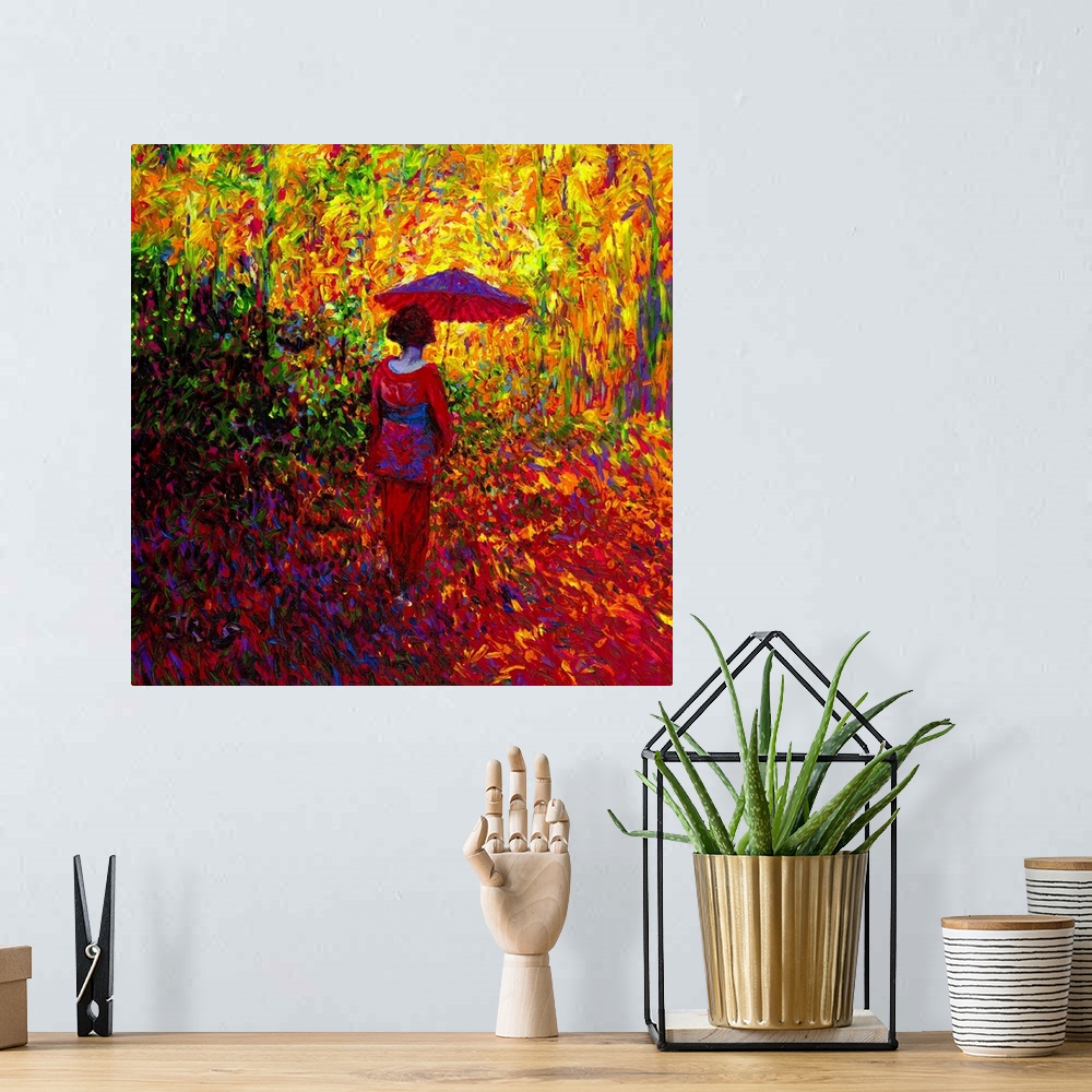 A bohemian room featuring Brightly colored contemporary artwork of a geisha taking a walk.