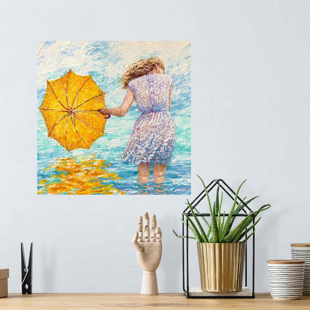 A bohemian room featuring Brightly colored contemporary artwork of a woman in the water.
