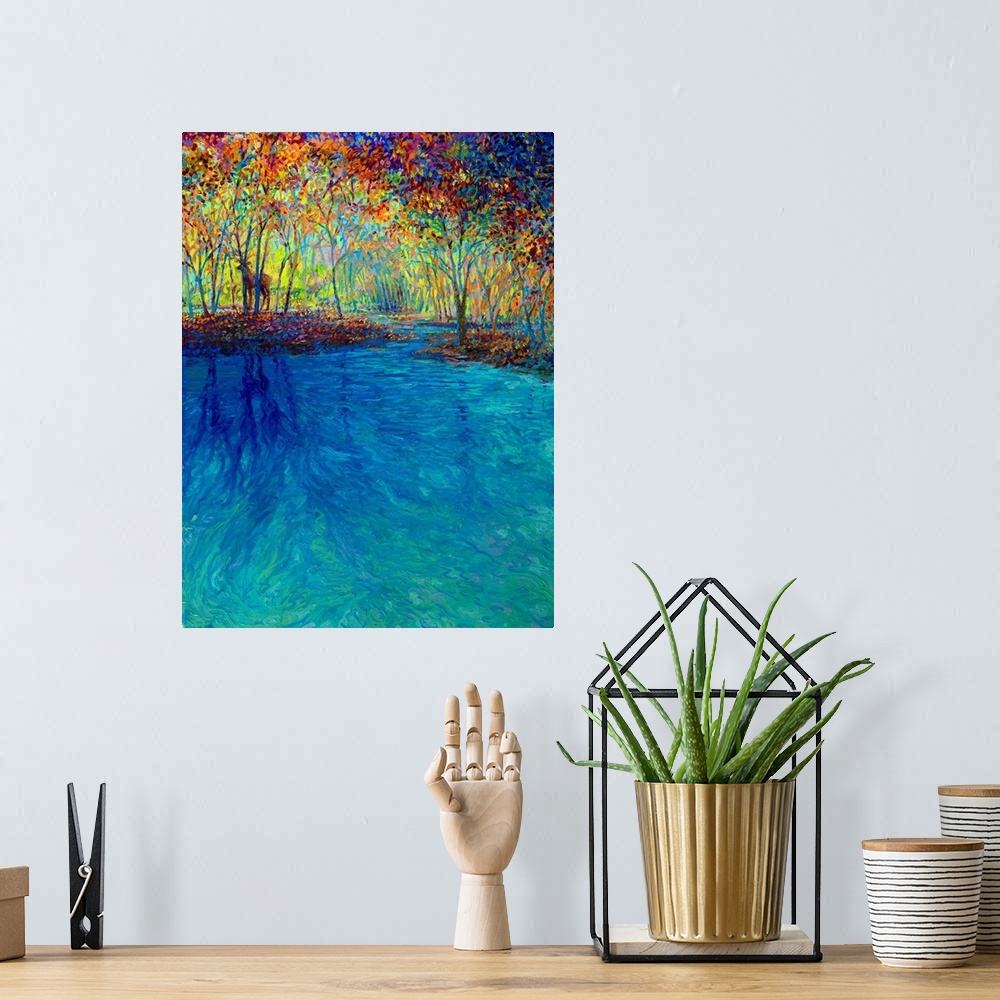 A bohemian room featuring Brightly colored contemporary artwork of a deer alongside the water.