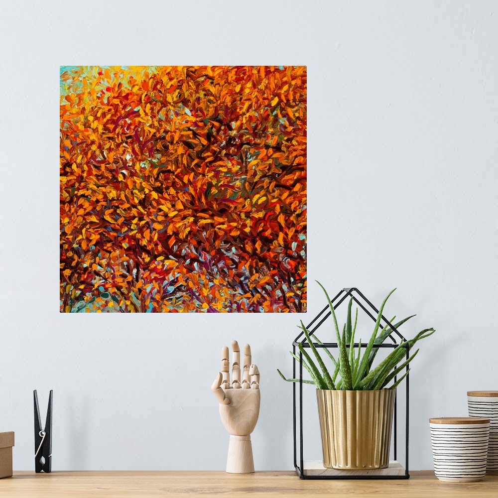 A bohemian room featuring Brightly colored contemporary artwork of a road with fall colored trees.