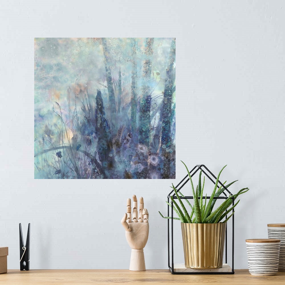 A bohemian room featuring Contemporary artwork of a cool toned flowers.