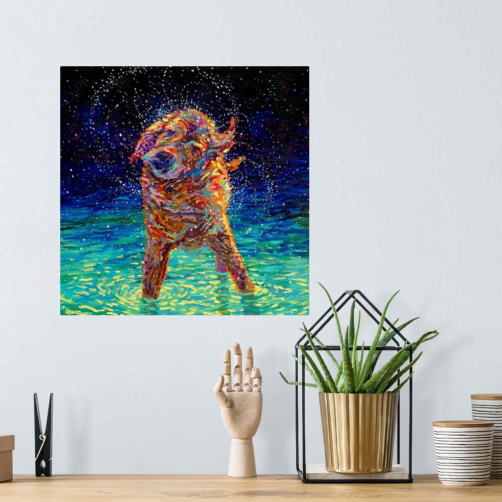 A bohemian room featuring Brightly colored contemporary artwork of a dog shaking off water in the moonlight.