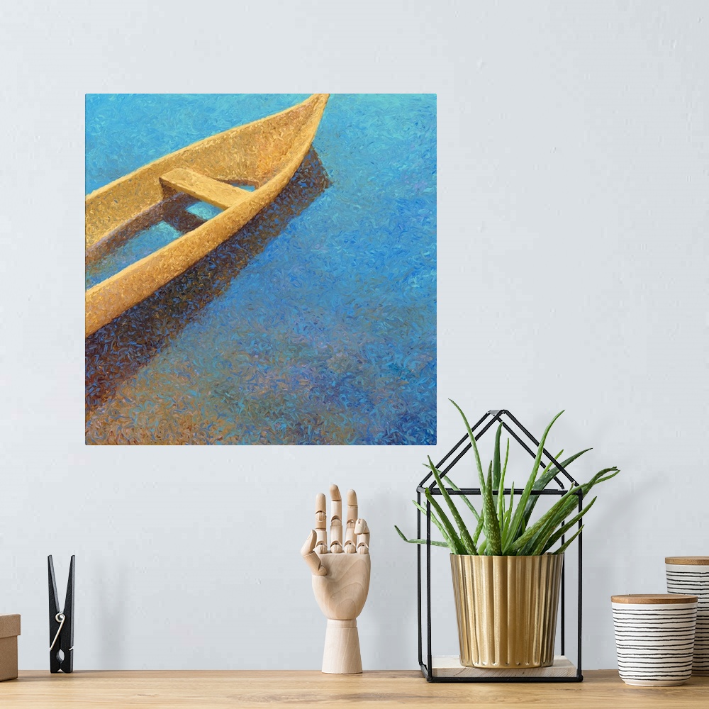 A bohemian room featuring Brightly colored contemporary artwork of a boat in the water.