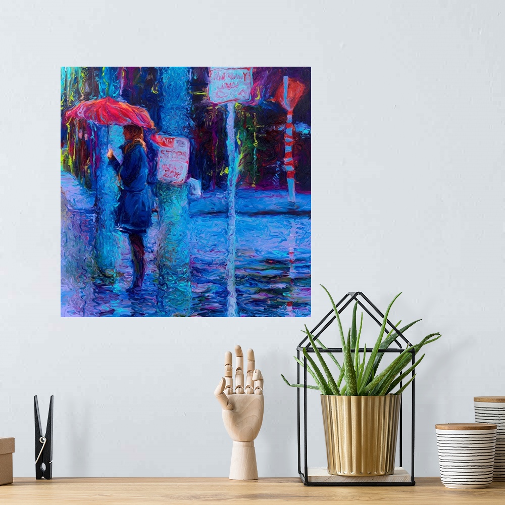 A bohemian room featuring Brightly colored contemporary artwork of a woman standing at a crosswalk in the rain.