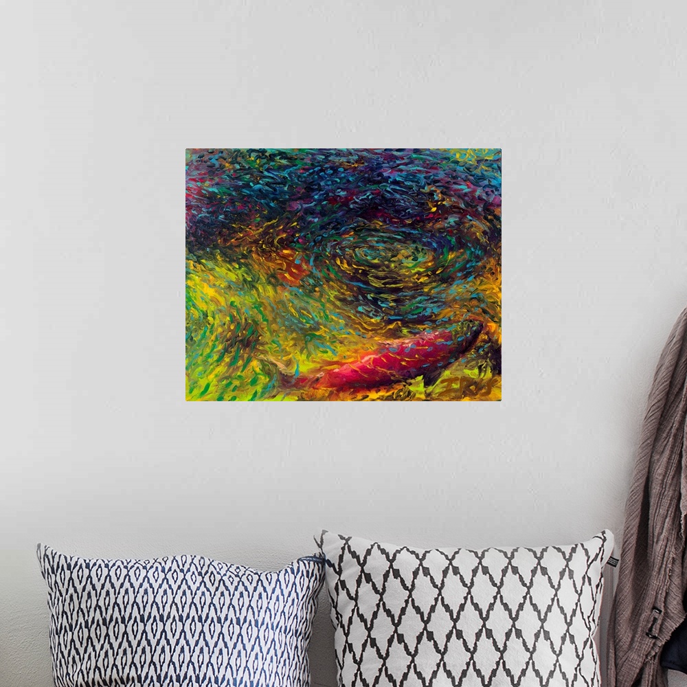A bohemian room featuring Brightly colored contemporary artwork of a single sockeye in rippling water.