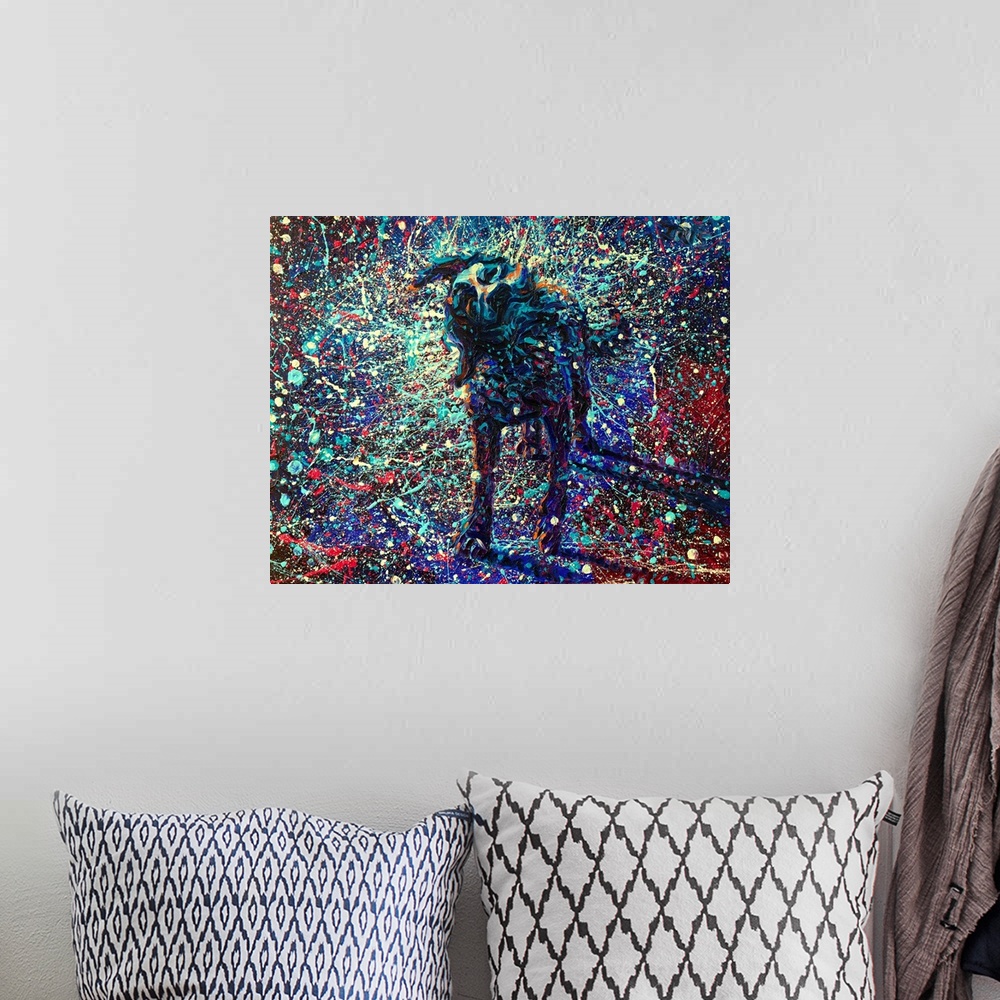 A bohemian room featuring Brightly colored contemporary artwork of a splatter painting of a dog shaking off water.
