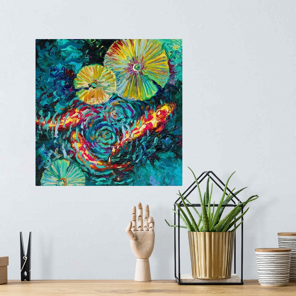 A bohemian room featuring Brightly colored contemporary artwork of a koi fish in a pond.