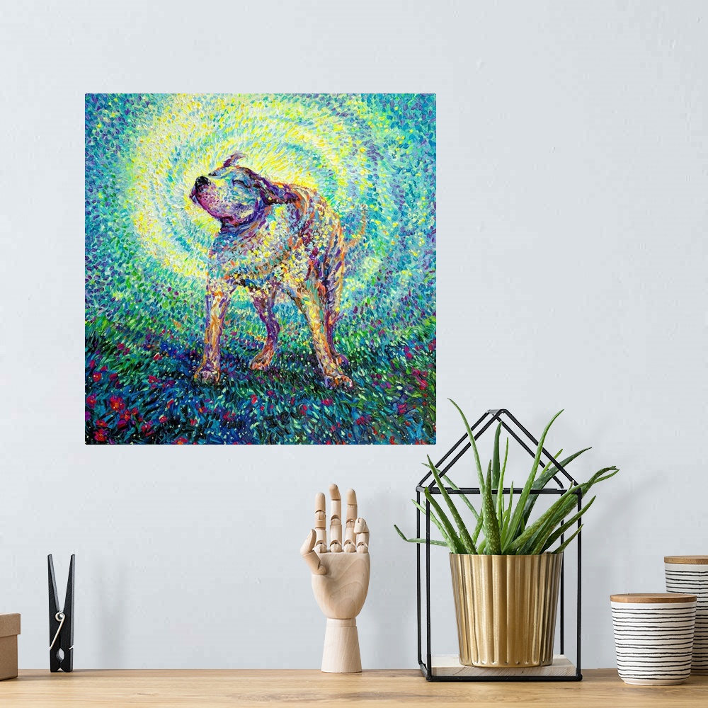 A bohemian room featuring Brightly colored contemporary artwork of a pitbull shaking off water in flowers.