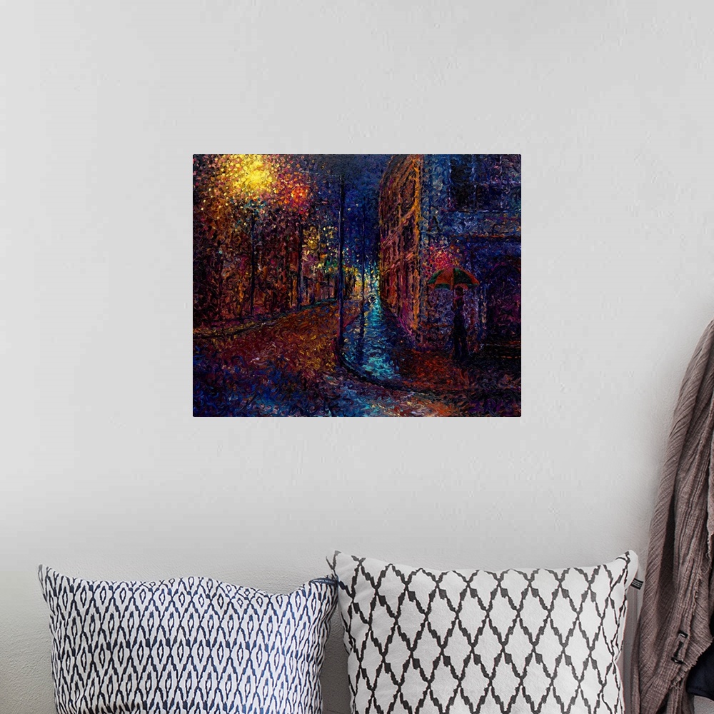 A bohemian room featuring Brightly colored contemporary artwork of an abstract painting of a woman walking the sidewalk.