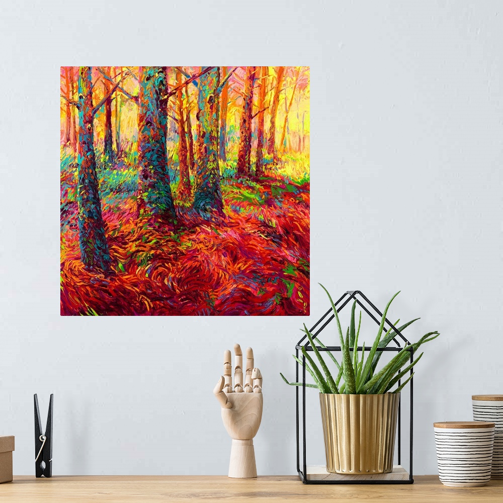 A bohemian room featuring Brightly colored contemporary artwork of a forest of redwoods in red.