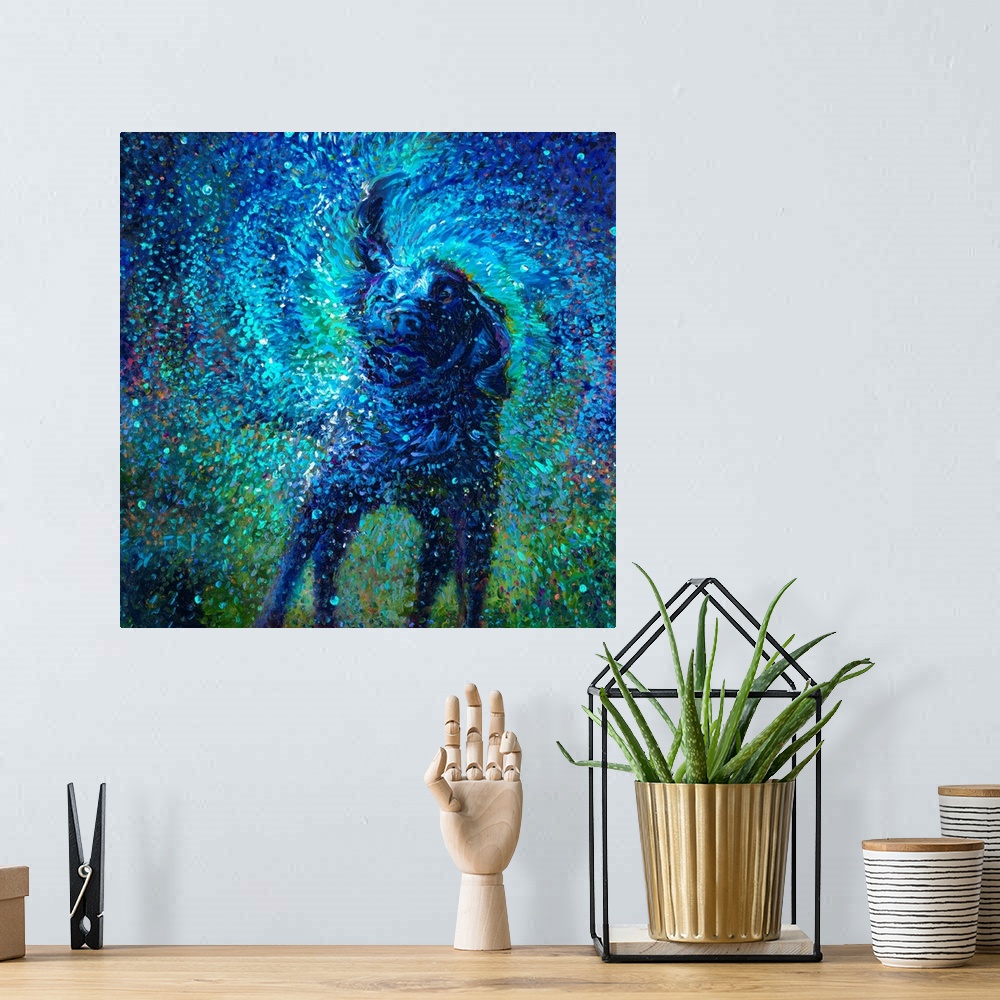 A bohemian room featuring Brightly colored contemporary artwork of a blue dog shaking off water.