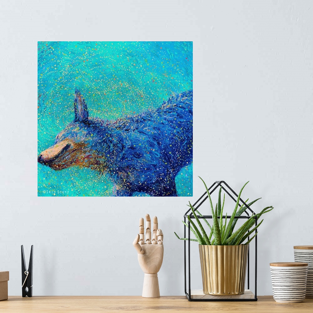A bohemian room featuring Brightly colored contemporary artwork of a blue healer shaking off water.
