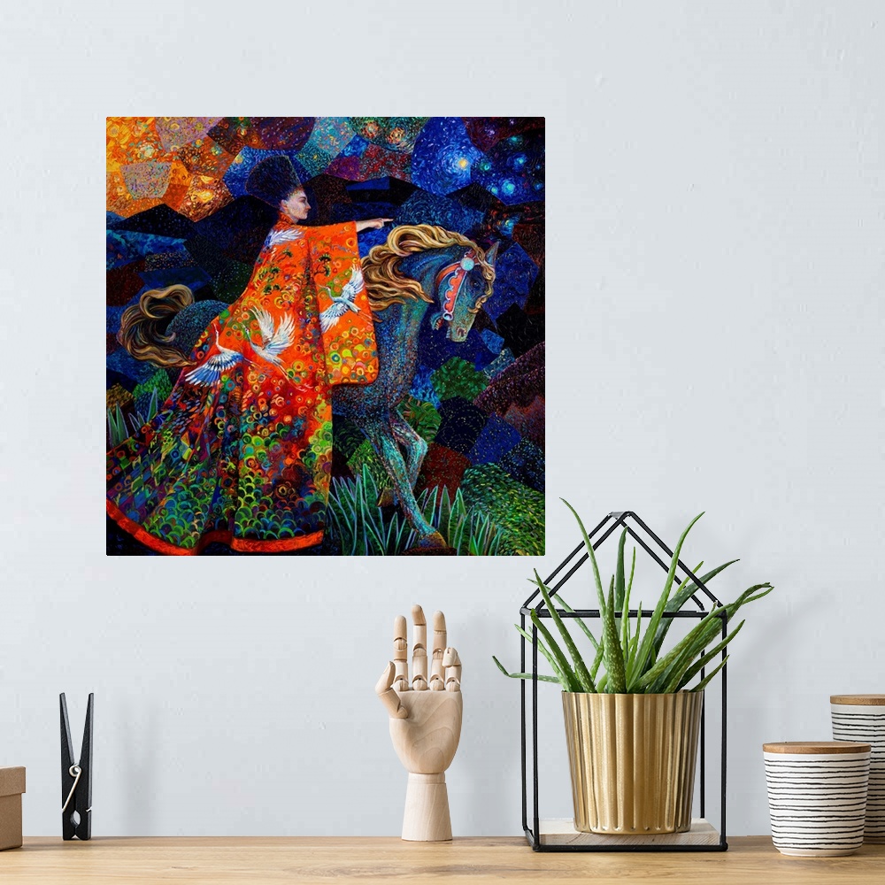 A bohemian room featuring Brightly colored contemporary artwork of a woman in orange robes riding a horse.