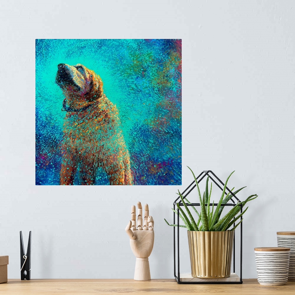 A bohemian room featuring Brightly colored contemporary artwork of a tan dog shaking off water.