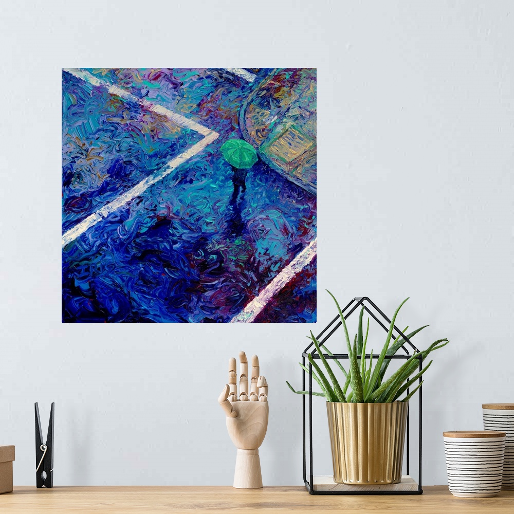 A bohemian room featuring Brightly colored contemporary artwork of a person crossing the road in the rain.