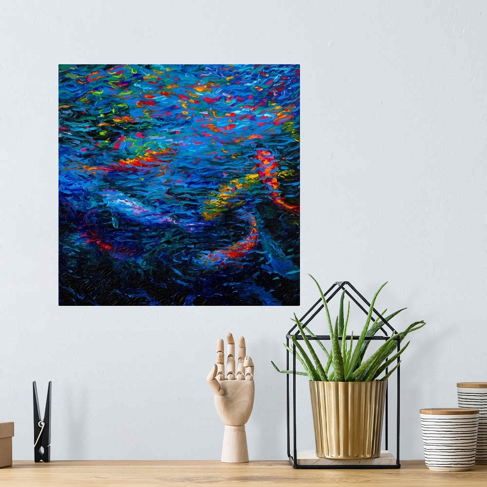 A bohemian room featuring Brightly colored contemporary artwork of a koi fish in water.