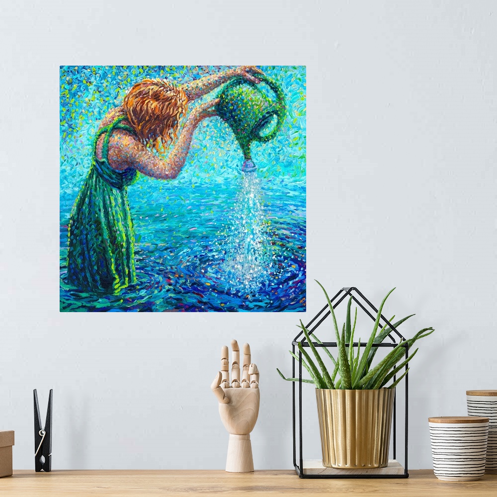 A bohemian room featuring Brightly colored contemporary artwork of a woman pouring water into a lake.