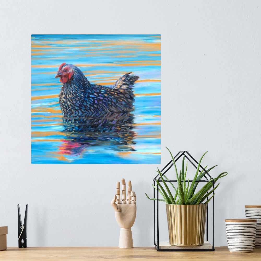 A bohemian room featuring Brightly colored contemporary artwork of a foul floating in the water.