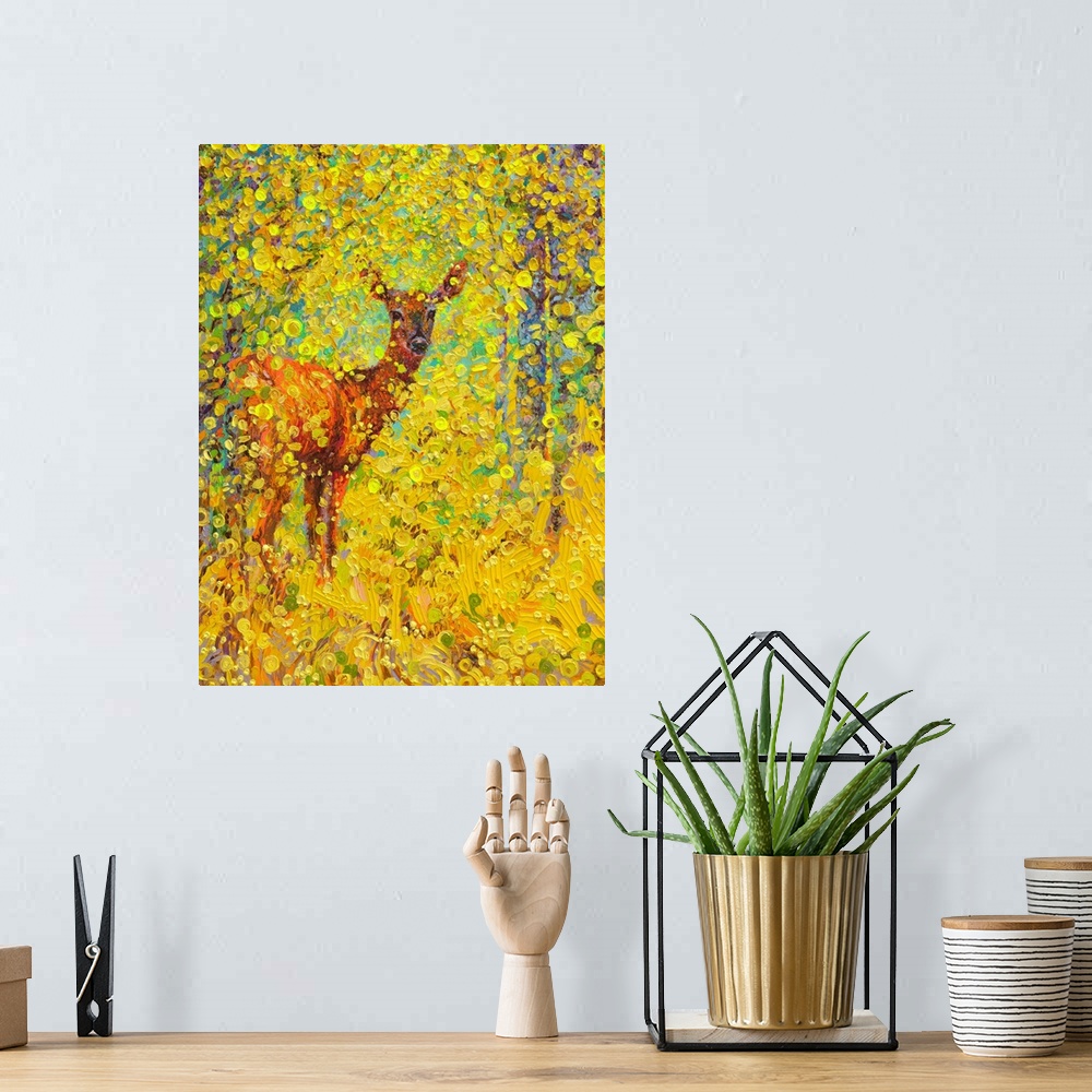 A bohemian room featuring Brightly colored contemporary artwork of a deer in yellow trees.