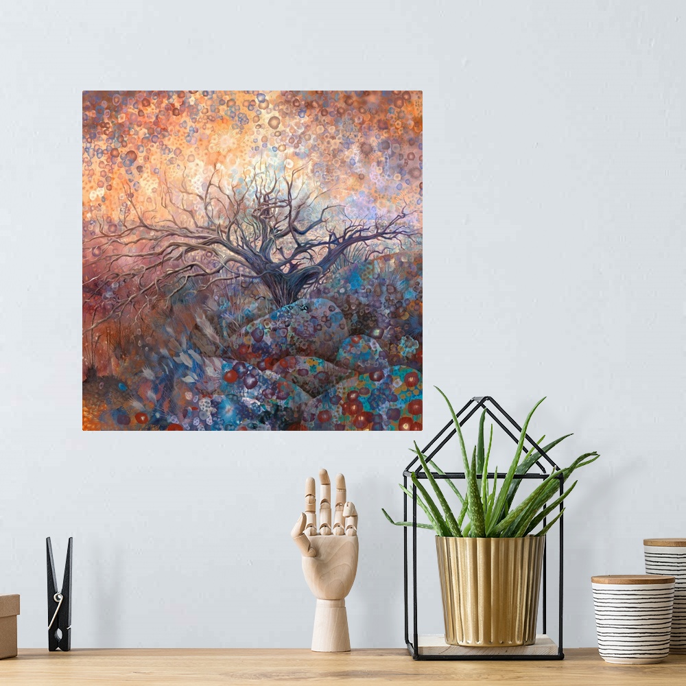 A bohemian room featuring Brightly colored contemporary artwork of a single wychwood tree.