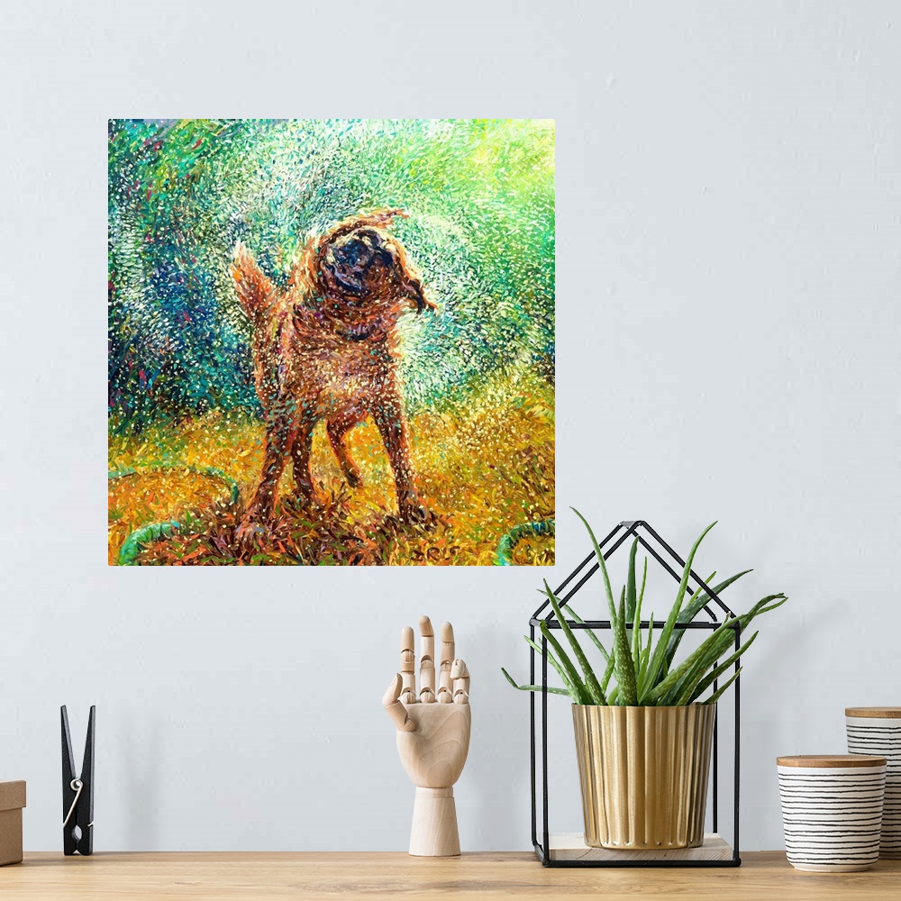 A bohemian room featuring Brightly colored contemporary artwork of a dog shaking off water.