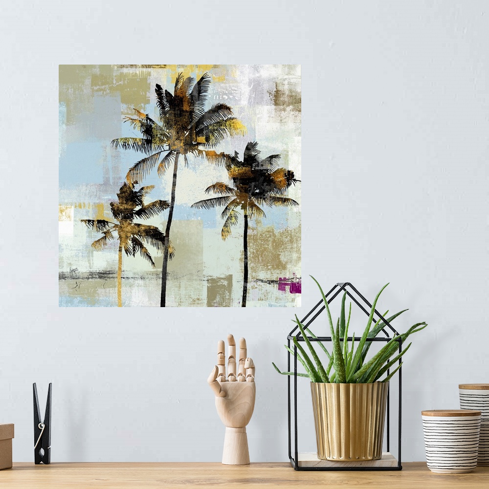A bohemian room featuring Artistic artwork of a group of black palm trees with gold accents and a background of varies colo...