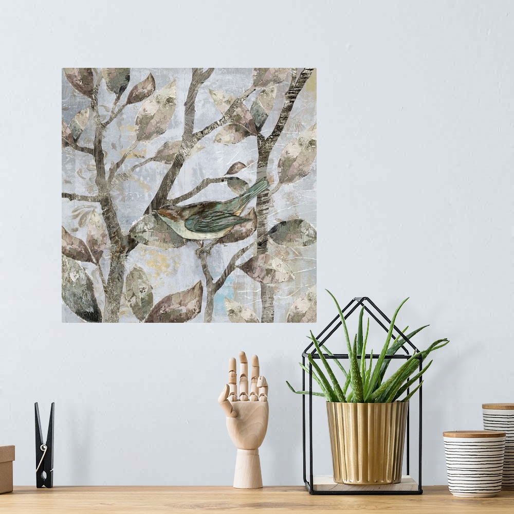 A bohemian room featuring A mixed media painting of a bird perched on tree limbs with hints of gold accents.