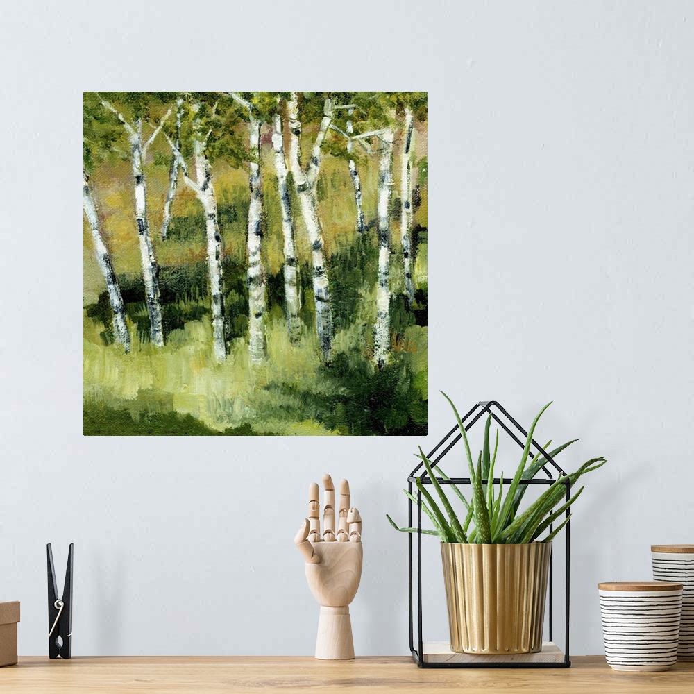 A bohemian room featuring Contemporary painting of thin white birch trees in a green grassy clearing.