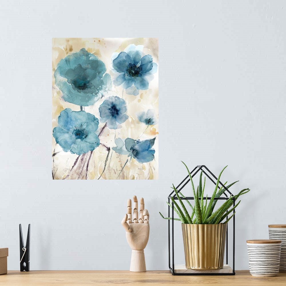 A bohemian room featuring Blue Flowers Beige Background