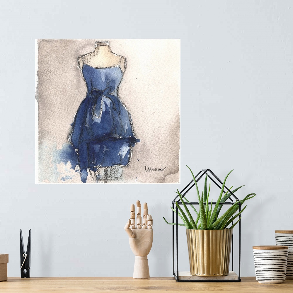 A bohemian room featuring Watercolor painting of a blue dress on a dress form.