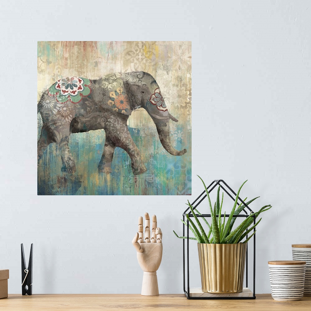 A bohemian room featuring Decorative artwork of an elephant with tusk with a distressed overlay of colored brush strokes an...