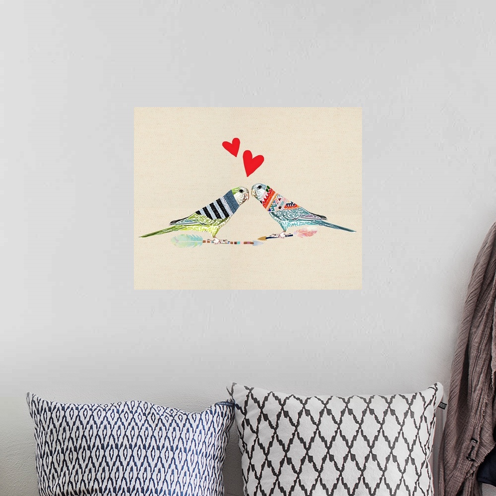 A bohemian room featuring Illustration of two birds perched on arrows, wearing sweaters and red hearts above them on a line...